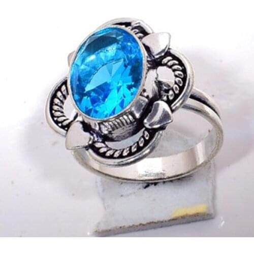 Genuine Blue Topaz Ring Silver Overlay over Copper, Hand Made Women Jewelry gift , USA Size : 8.75