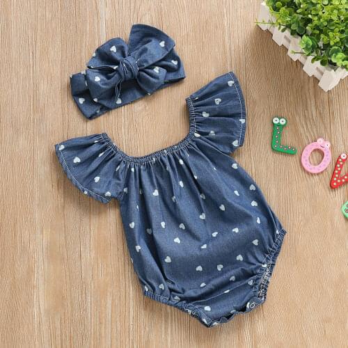 Emmababy Denim Type Newborn Baby Girls Romper 2Pcs Jumpsuit Sunsuit Outfits Set Clothes Baby Clothing With Bow Headband 0-2Y