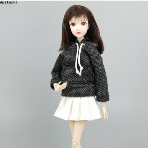 Black White Students Doll Clothes Set for Barbie Outfits Dotted Top Sweatshirt Hoodie Pleated Skirt 1/6 Dolls Accessories Toys