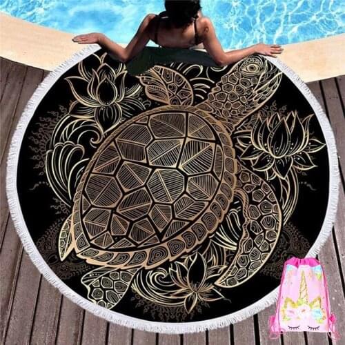 Turtle Print Animal Round Beach Towel Tassels Microfiber Beach Towels Yoga Mat For Adults Picnic Blanket Drawstring Backpack Bag