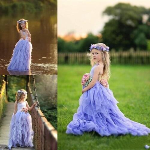 Lavender Halter Girls Pageant Gowns Tulle Tiered Long Flower Girl Dresses For Wedding Colorful Flowers Backless Baby Party Dress