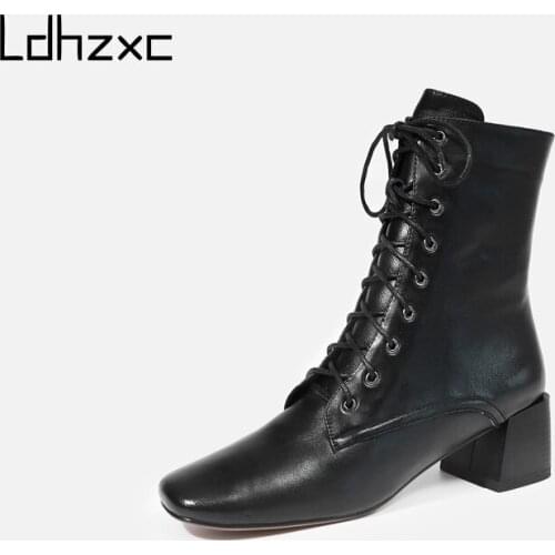 LDHZXC 2020 fashion genuine leather boots square toe zip ladies ankle boots square high heels shoes autumn winter boots women