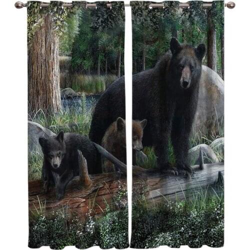 Forest Animal Black Bear Window Curtain Kitchen Bedroom Decorative Curtain Panel Curtains for Living Room
