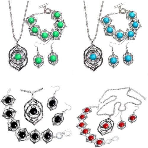 Fashion Jewelry Sets for Women Bohemian Necklace Earrings Bracelet Set Vintage Stone Pendant Necklace Dangle Earrings