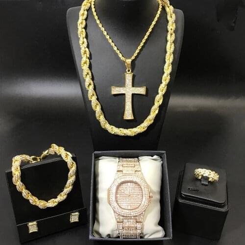 Hip Hop Men Gold Color Watch & Neckalce & Braclete & Ring & Earrings Combo Set Ice Out Cuban Jewerly In Crystal Hip Hop For Men