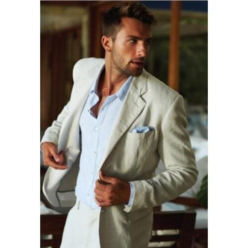 2017 Latest Coat Pant Designs Creamy White Beige Linen Casual Men Suit Slim Fit Suits Tuxedo Outfit 2 Piece Vestido Jacket+Pant