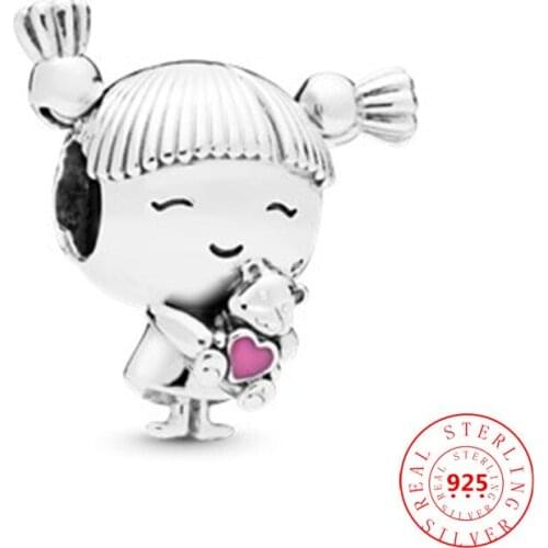 Real 925 Sterling Silver Cute With Pigtails Little Girl Charm Beads Fit Original Pandora Bracelet Feminine DIY Fine Jewelry Gift