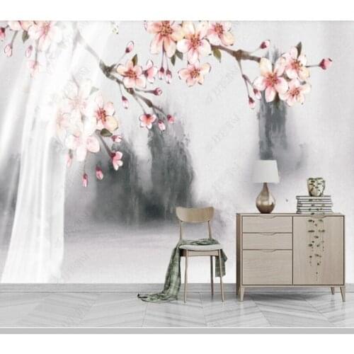 Papel de parede Chinese ink landscape peach blossom flower 3d wallpaper mural, living room bedroom wall papers home decor