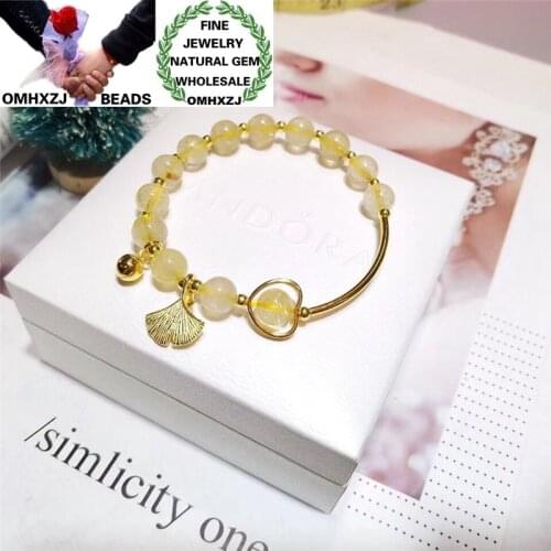 OMHXZJ Wholesale ZB422 8mm Fashion Birthday Party Wedding Gift Natural Stone Gold Rutilated Quartz 925 Sterling Silver Bracelet