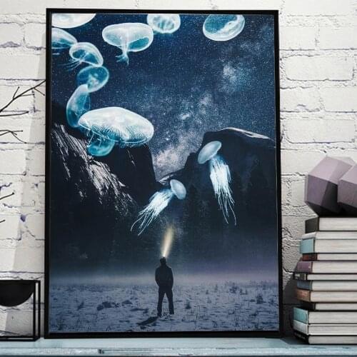 Jellyfish Night Sky Landscape Abstract Wall Art Canvas, Nordic Posters And Prints, Wall Pictures For Living Room Decor