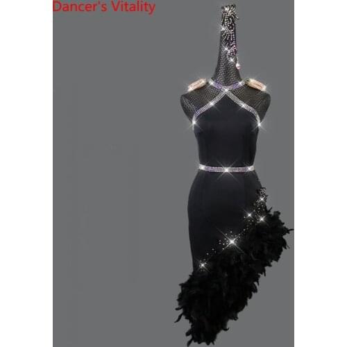 Latin Dance Dress Diamond-Studded Feather Skirt Competition Clothing Professional Custom Child Adult Performance Clothes