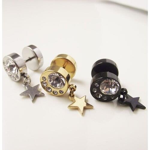 2 Piece 2016 Gold Stainless Steel Star Moon Stud Earring Punk CZ Crystal Rock Earrings Men Women Gift Body Piercing Jewelry
