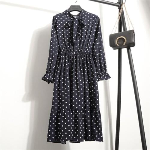 Long Sleeve Chiffon Print Dress 2021 New Casual Cute Women Long Bow Knot Floral Dresses