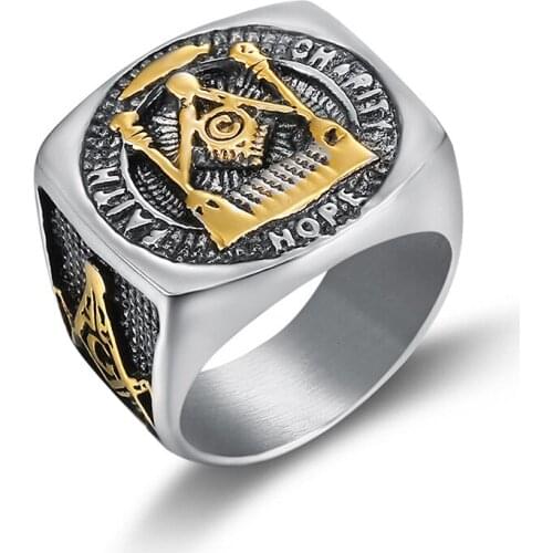 Valily Mens Freemason gold silver Masonic Symbol Mason Ring for Man Women Stainless Steel Two Tone Biker Ring Jewelry wholesale