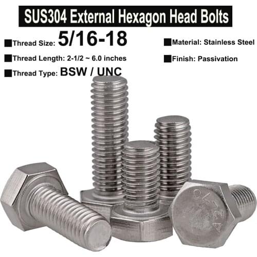 5Pcs/2Pcs 5/16-18x2-1/2~6 inches SUS304 Stainless Steel External Hexagon Head Bolt Screw BSW / UNC Thread