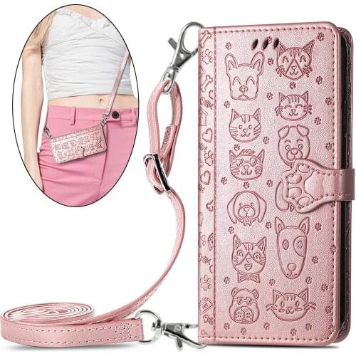 Diagonal Lanyard Holster Flip Protective Cover for Xiaomi Poco M3 10T Pro 11 Redmi Note9 Wallet Phone Case Cute Dog Cat 8 Colors