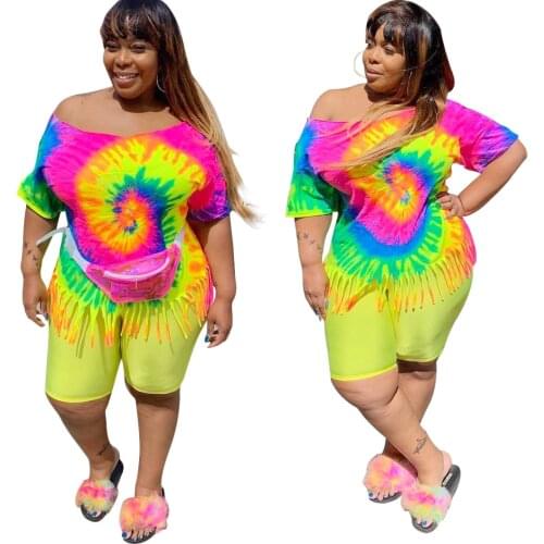 Plus Size Women Clothing Xl-4Xl Short Set Summer Streetwear Tie Dye Printing Fringed Short Sleeve Top And Short 2 Piece Outfit