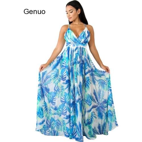 Women Beach Dresses Summer Sexy Maxi Boho Style Floral Print Party Dress Deep V Neck Backless Long Dress Vestidos Genuo 2020 New