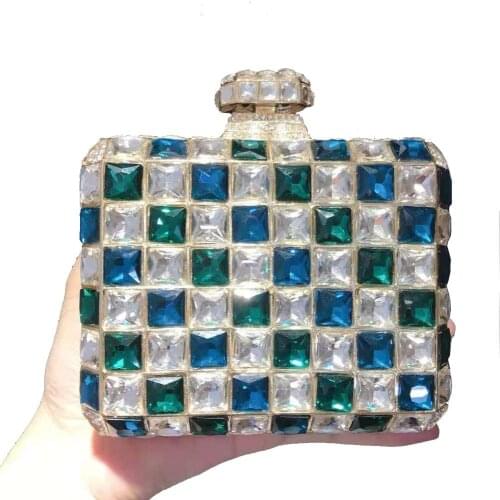 Bags for Woman Blue Green Rhinestone Clutch Purse Luxury Ladies Purse Fashion Women Square Shape Gemstone Handbags Cocktail Bag