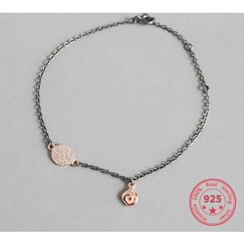 Korea Hot Style 925 Sterling Silver Simple Retro Vintage Chic Black Bracelets with Zircon Pendant Women Jewelry