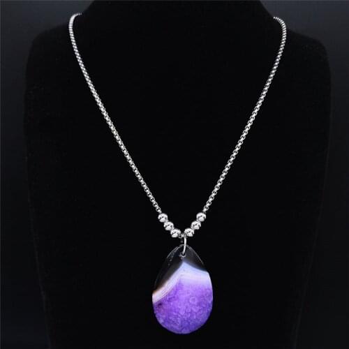 Purple Water Drop Natural Btone Stainless Steel Necklaces Women/Men Silver Color Long Bead Necklaces Jewelry bijoux femme NXS04