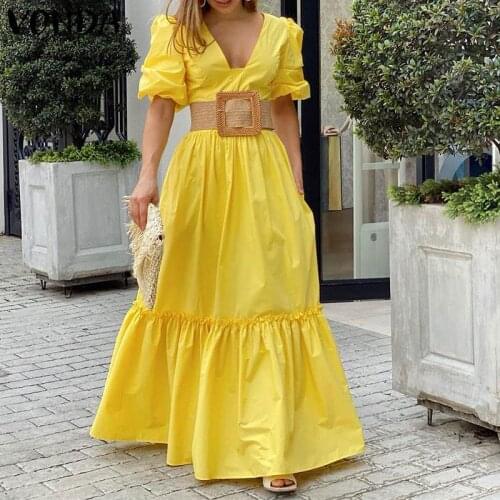 Women Party Dress 2021 VONDA Vintage Puff Sleeve Sexy Deep V Neck High Waist Party Maxi Dress Holiday Formal Sundress Kleid