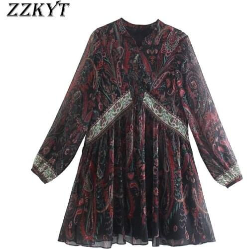ZZKYT 2021 Women Autumn Vintage Print Mini Dress Fashion V Neck Long Sleeve Button Female Party Dresses Chic Vestidos Mujer