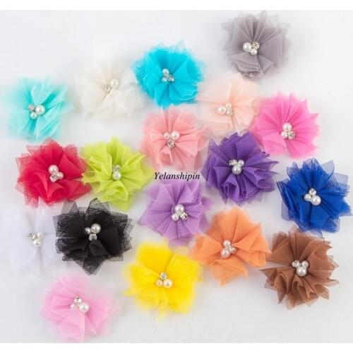 10pcs/lot 6.5cm 18colors Mesh Hair Flowers With Rhinestones+Pearls Artificial Fabric Flowers For Headband Kids Hair Accessories