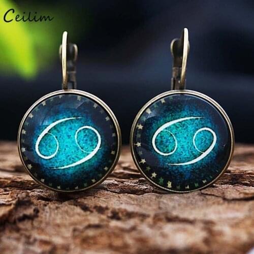 12 Constellation Earring Vintage Ear Hook Fashion Hoop Earrings for Women 20mm Glass Dome Jewelry Zodiac Sign Birthday Gift