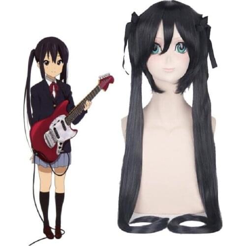 Anime K-ON! Nakano Azusa Long Black Wig with Ponytails Heat Resistant Synthetic Fake Hair Women Cosplay Costume Wigs