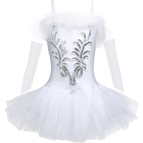 Kids Shiny Sequins Dancewear White Professional Ballet Leotard Tutu Dress Stage Performance Swan Costume Girls Ballerina Dance