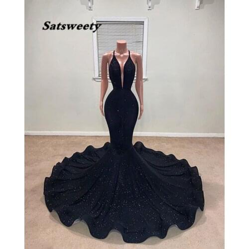 Long Prom Dresses 2021 Sexy Mermaid Deep V-neck Sleeveless African Girl Black Prom Dress With Train