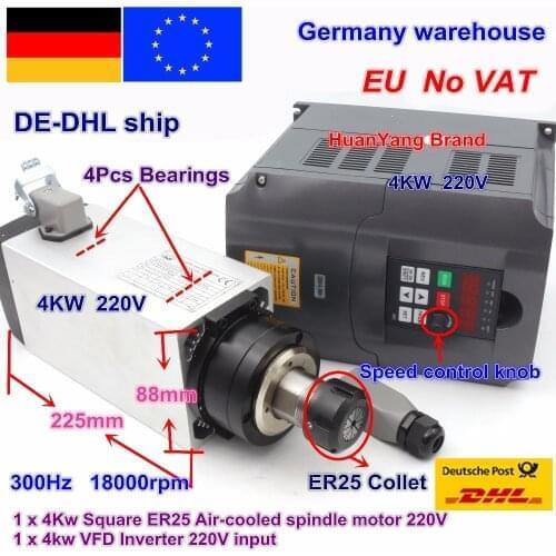 【Free VAT】 Square 4kw ER25 Air cooled Spindle Motor 4 bearings & 4kw VFD Inverter 220V for CNC Router Engraving Milling Machine
