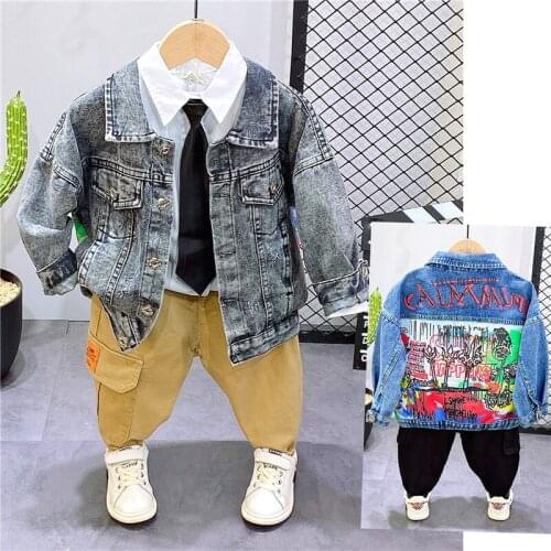 Boys Denim Jacket Cartoon Fashion Children Clothing Sets 2021 Spring New Three Pieces Jacket Coat+ Sweater Shirt+ Casual Pant