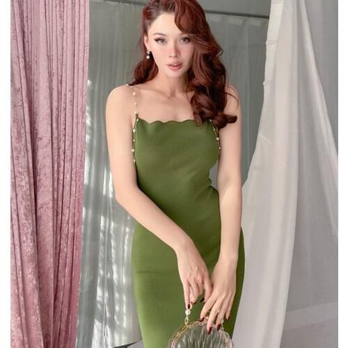 Chic Pearl Embellish Spaghetti Strap Summer Green Dress Elegant Women Bodycon Party Cami Dress