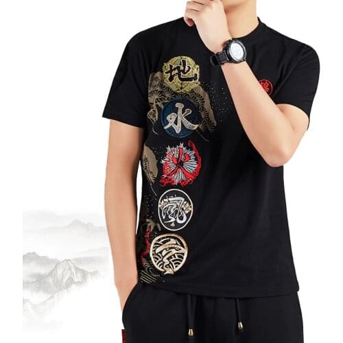 T shirt Japanese style mens thread embroidered short-sleeved T-shirt with short sleeves and half sleeve hip-hop T-shirt
