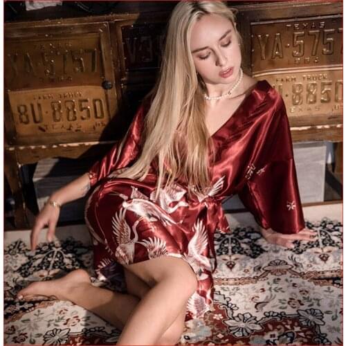 Summer Women Robe Bride Bridesmaid Wedding Kimono Gown Satin Sexy Loose Bathrobe Crane Painted Sleepwear Rayon Intimate Lingerie