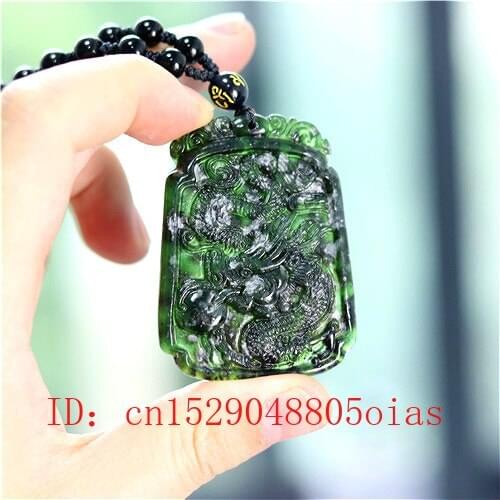 Chinese Natural Black Green Jade Dragon Pendant Beads Necklace Charm Jewelry Fashion Accessories Carved Amulet Gifts for Men Her