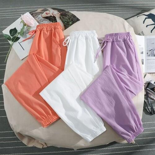 2021 New Summer Womens Sports Pants Color Ice Silk Thin Loose-Fitting Feet Quick-Drying Casual Jogging Lantern Cropped Trousers