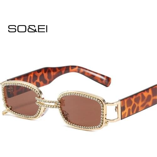 SO&EI Retro Metal Punk Women Luxury Diamond Sunglasses Fashion Small Rectangle Men Sun Glasses Brand Designer Shades UV400