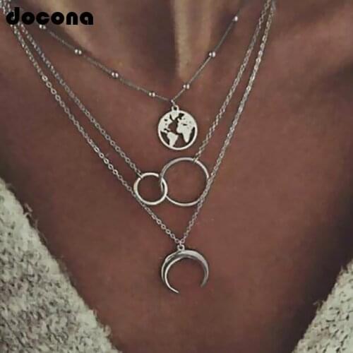 Docona Boho Horns Round Pendant Necklace for Women Long Charms Layering Necklaces Party Jewelry Collars 6941