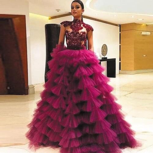 SuperKimJo Tiered Ball Gown Prom Dresses 2020 High Neck Purple Lace Applique Elegant Vintage Prom Gown Vestido De Fiesta De Boda