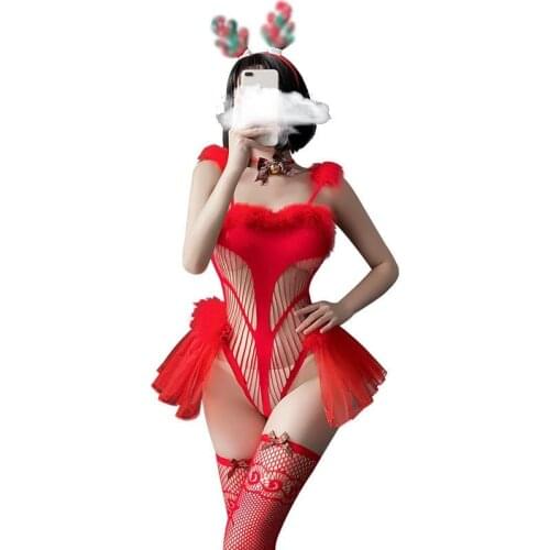 Sexy Fishnet Bodysuit Women Christmas Red Erotic Lingerie Set Ladies Cosplay Costumes Hollow out Outfit Nightwear Happy Gifts