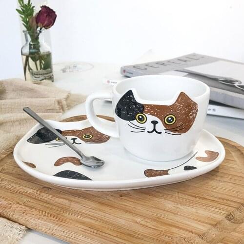 Cute Cartoon Cat Ceramic Coffee Cups and Saucers Set Restaurant Small Capacity Cup Hotel Dessert Mug