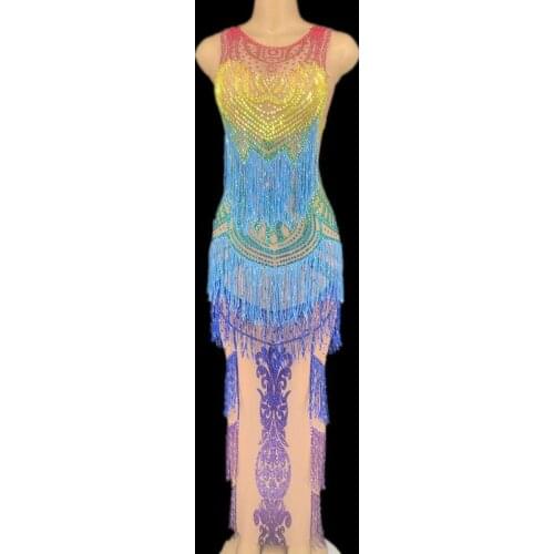 Rhinestones Tassel Mesh Dress Women Evening Party See Through Crystal Birthday Celebration Sexy Long Stage Outfits