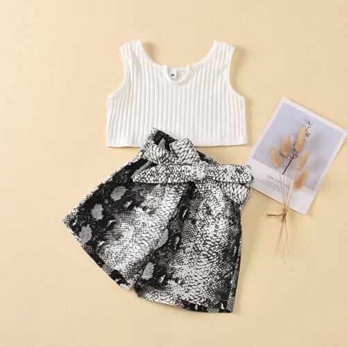 FOCUSNORM 2-7Y Fashion Baby Girls Clothes Sets Summer Sleeveless Solid Vest Tops Snakeskin Print Bowknot Shorts 2pcs