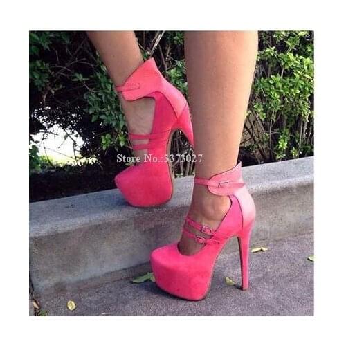 Women New Rose Red Buckle Strap Pumps Platform Shoes Fashion Stiletto Heel Dress Shoes Lady Large Size Banquet Shoes Dropship