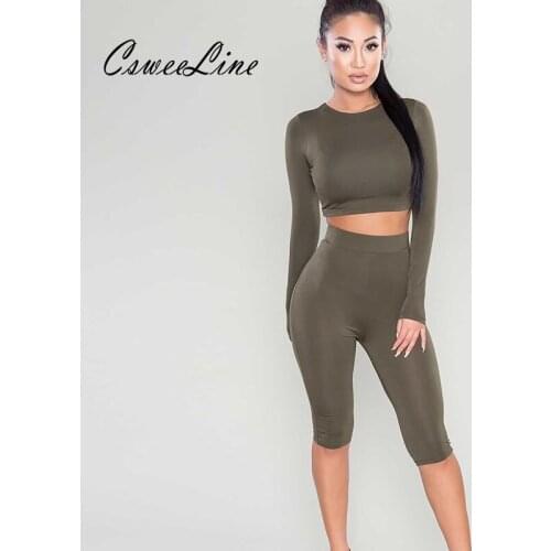 Women Casual Two Piece Set Sexy Bodycon High Waist Crop Top Stretch 2 Piece Suits Lady O-neck Long Sleeve Body Two-Piece Outfits
