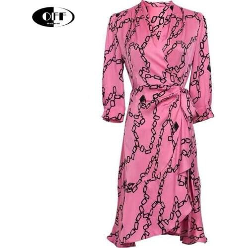 Designer Summer vintage Chain Printed Midi Dresses For Women Elegant Ladies Office Work V-neck Long Sleeve Ruffles Bandage Dress