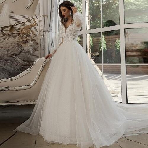 Vestido de Noiva Princesa Boho Wedding Dress Dots Tulle Puffy Sleeve Bride Dresses 2021 Lace Vintage Wedding Gowns Women